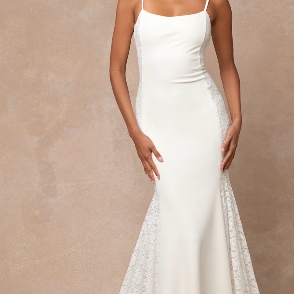 Lulu's White Backless Lace-Panel Spaghetti-Strap Gown